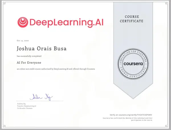 AI For Everyone certificate issued by DeepLearning.AI