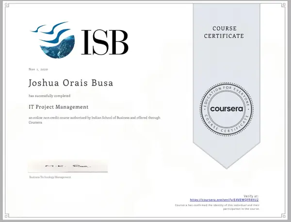 IT Project Management certificate issued by Indian School of Business