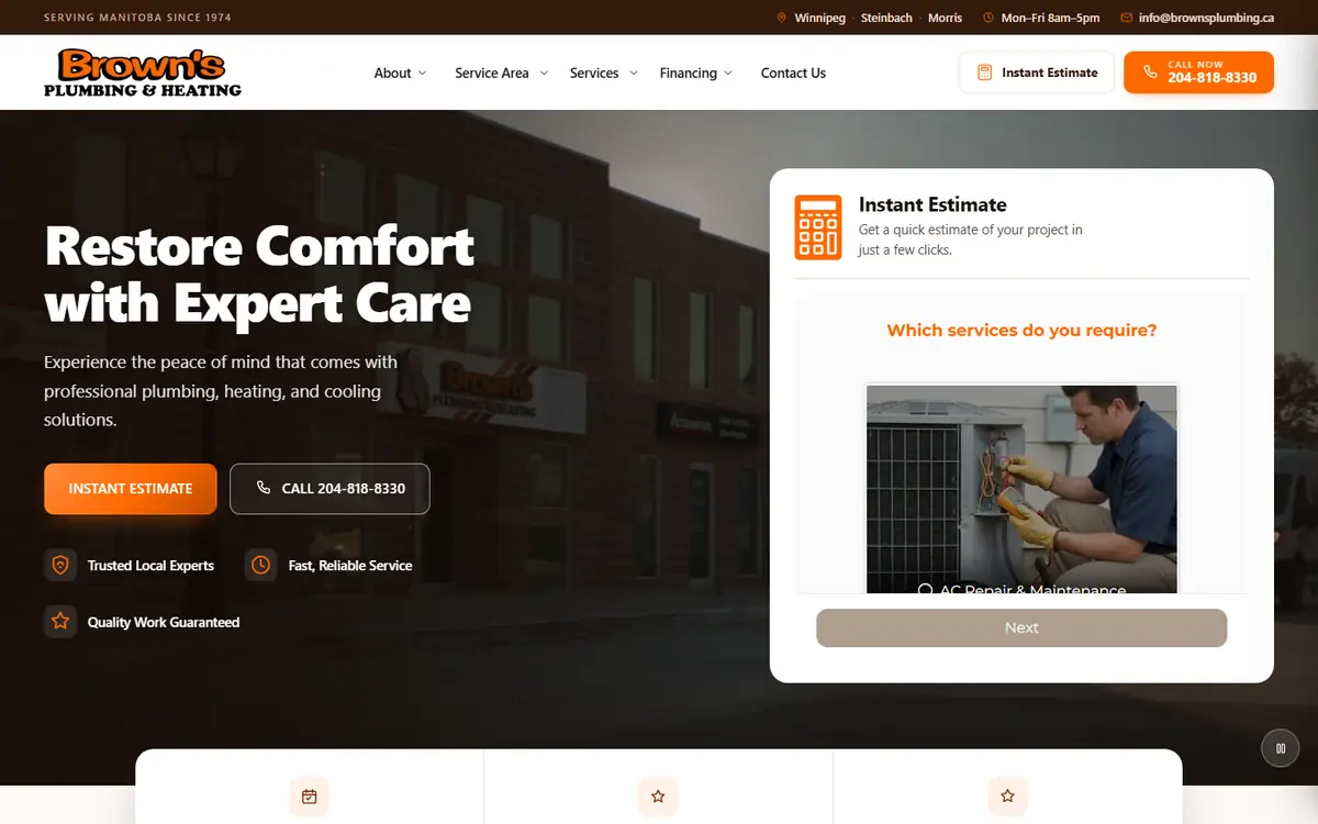 Homepage of the Brown’s Plumbing & Heating website